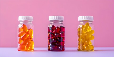 Vibrant gummy vitamins displayed in bottles against a gradient backdrop promoting dietary health. Concept Vibrant Gummy Vitamins, Dietary Health Promotion, Colorful Display, Gradient Backdrop
