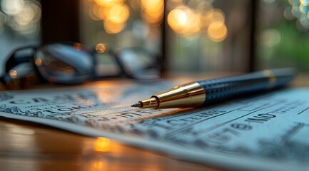 A pair of glasses and a pen lying on a sheet of paper.
