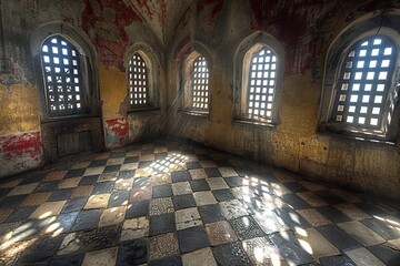 Sunlight Streaming Through Grills Of Old Windows in a Historic Building