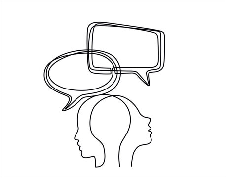 Continuous one lin drawing of two people talking, one person is speaking and the other listening with speech bubbles above their heads