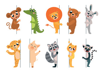 Fototapeta premium Wild animals peeking. Animal peeping out vertical lines, look out and welcomes. Cartoon crocodile lion bear raccoon monkey classy vector characters