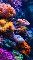 Fototapeta premium Vibrant coral reef in orange and blue colors, underwater photography, closeup, Generative AI 