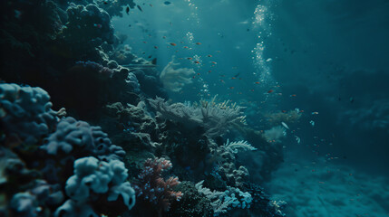 Coral reef in blue colors, fish school, ocean ecosystem, underwater photography, closeup, Generative AI  
