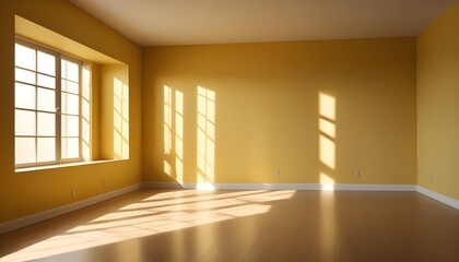Obraz premium A yellow empty room with shadows of a window, empty wall background