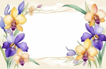 Fototapeta premium Frame of delicate orchids and lilac irises on a light beige background with space for text