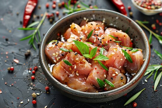 Marinating raw chicken in teriyaki sauce for barbecue