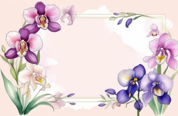 Fototapeta premium Frame of delicate orchids and lilac irises on a light pink background with space for text
