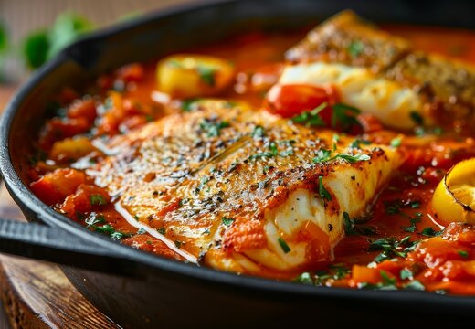 Modern design cast iron roasting dish with traditional Brazilian fish stew