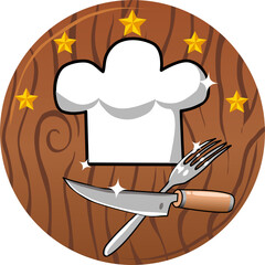 Kitchen logo in circle on the background of wooden cutting board chefs hat knife and fork. Banner or logo for a website restaurant cafe or channel. The theme of fast food cooking and culinary arts