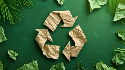 Recycling logo sign made of crumpled paper, zero waste, reuse concept with copy space - Powered by Adobe