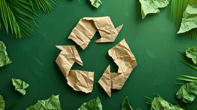 Recycling logo sign made of crumpled paper, zero waste, reuse concept with copy space