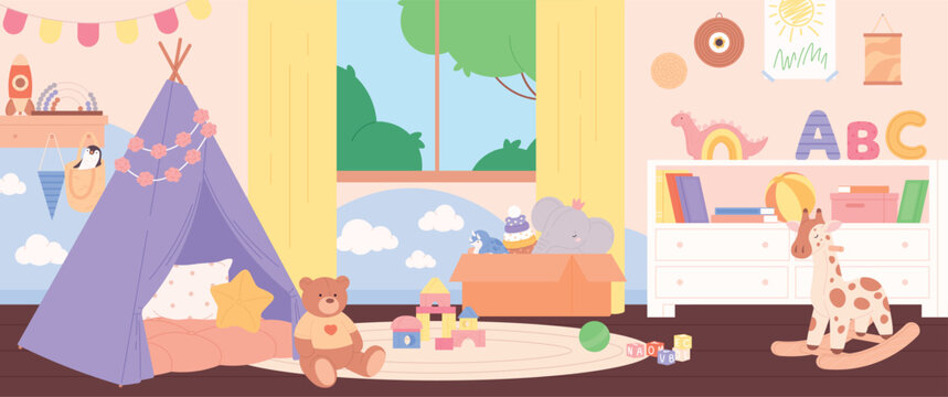Children room with toys. Nursery interior, vigvam for play. Wooden and plush toy. Kindergarten or preschool, playzone for toddler racy vector scene