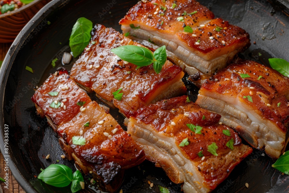 Poster overhead shot of crispy pork belly or deep fried pork slice on wooden table asian cuisine