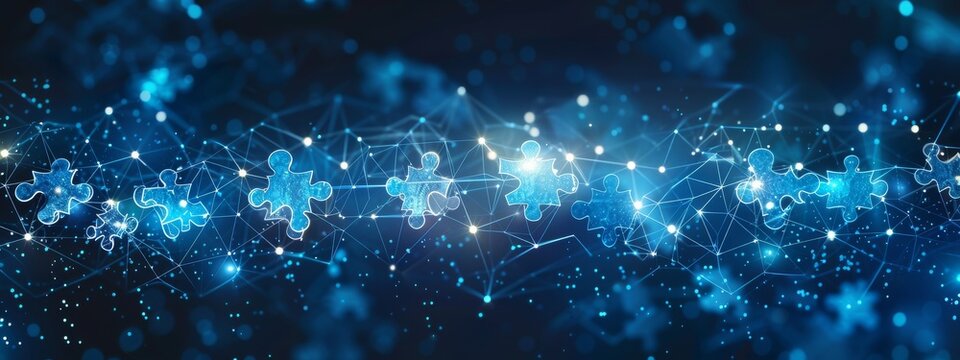 Abstract digital puzzle background with glowing blue lights and bokeh effect