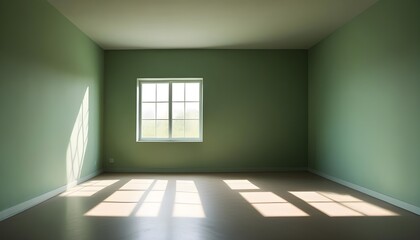Fototapeta premium A green empty room with shadows of a window, empty wall background