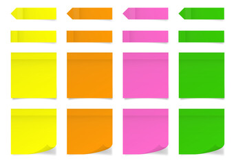 Set of square paper stickers. Stick in notes. Green, yellow, pink and orange colors. Multicolor post it notes. Sheets of paper. Tag, sticky note. Pointed bookmarks	