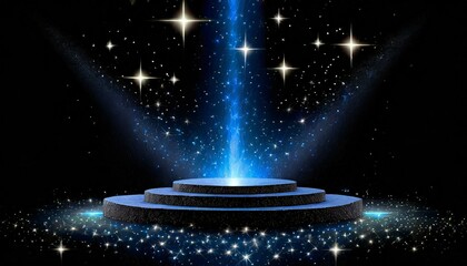 幻想的に光る星、中央に円形の台座、シンプルな黒い背景、クールでスタイリッシュに表現、 Generated by AI