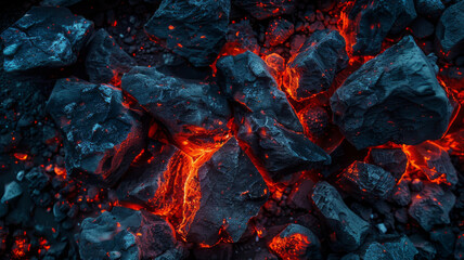 Top view of rocks and lit coal, night scene, battlefield ruins, red and orange lights, cinematic colors,generative ai