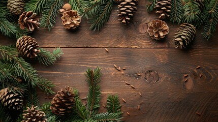Top view of fir tree and conifer cone Christmas decor on wooden background with space for writing