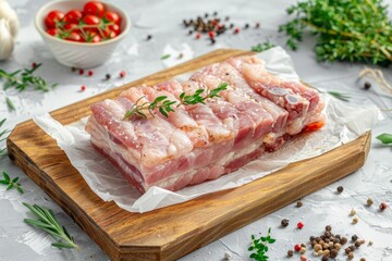 Fototapeta premium Pork belly on cutting board with paper