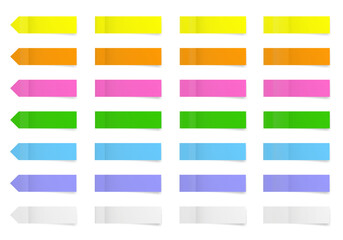 Set of long thin paper stickers. Pointed bookmarks. Stick in notes. White, purple, blue, pink, yellow, orange and green colors. Multicolor post it notes. Sheets of paper. Tag, sticky note.	
