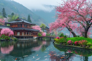 A serene Japanese garden with a koi pond, traditional wooden bridges, and blossoming cherry trees.