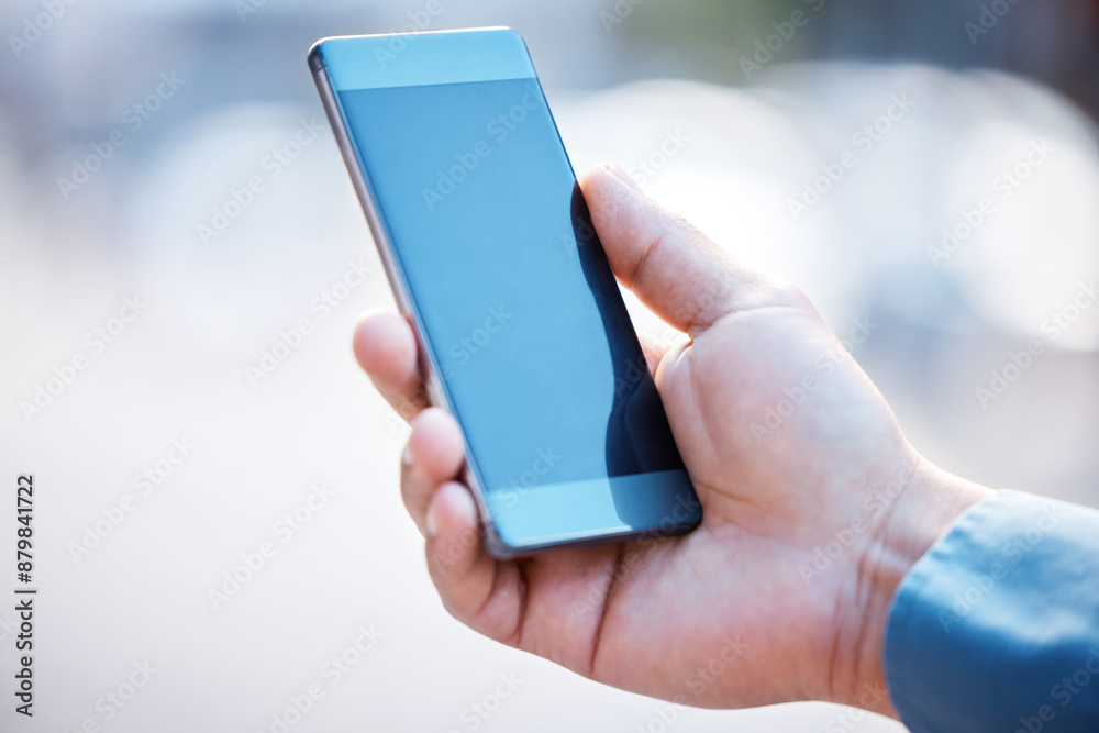 Aufkleber hands, screen and person with mobile for chat, networking and contact client in city with email. sma