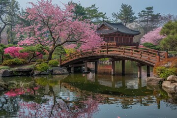 A serene Japanese garden with a koi pond, traditional wooden bridges, and blossoming cherry trees.