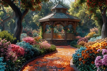 Garden Party tables, chairs, string lights, flowers, food, drinks