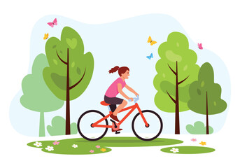 Vector illustration of a girl riding a bicycle. Cartoon scene of a cheerful girl riding a red bicycle in the park, green trees with trunks, colored flowers, butterflies isolated on a white background.