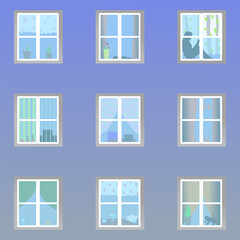 Illustration of the window of an apartment building where you can see residents cats curtains flowers and other household items standing not far from the window. Vector illustration the wall of a