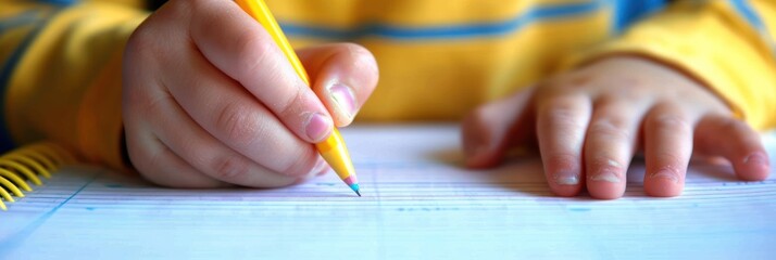 Close-up of a child's hand writing with a yellow pencil on lined paper. - Powered by Adobe