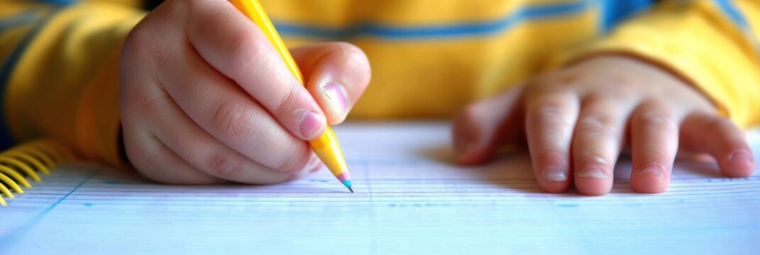 Close-up of a child's hand writing with a yellow pencil on lined paper.