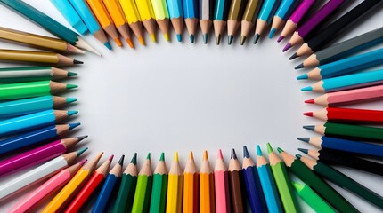 Fototapeta premium Top view of colorful pencils on white background with space for text