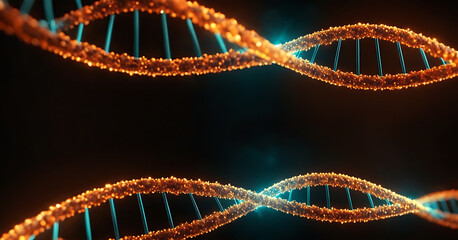 A 3D rendering of two glowing DNA strands against a dark background, perfect for healthcare, science, research, or educational projects.