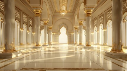 Obraz premium Opulent Islamic Day: Luxurious Empty Room with Elegant Columns, Soft Lighting, Gold and Ivory Accents