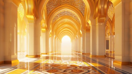 Ornate Islamic Grand Mosque with Repeating Arches and Golden Mosaic Patterns - 3D Rendering