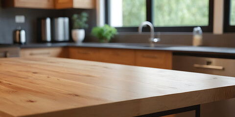  A warm, inviting kitchen with a focus on a smooth wooden countertop, perfect for showcasing kitchen appliances, cookware,