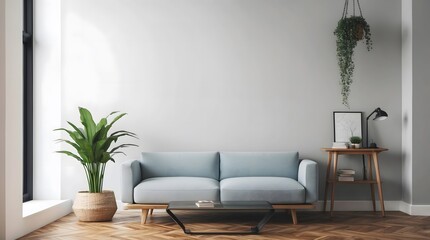 A wall mockup in minimalist living room interior with space for text 