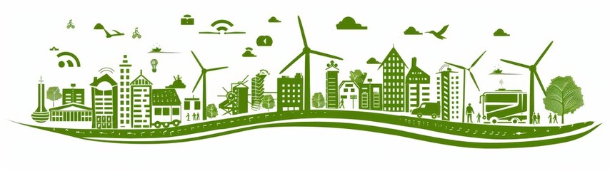 Green cityscape with eco-friendly elements including wind turbines, houses, and trees