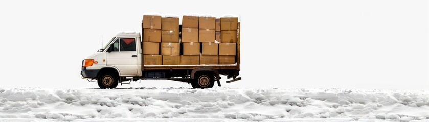 Delivery truck with boxes in snowy landscape.