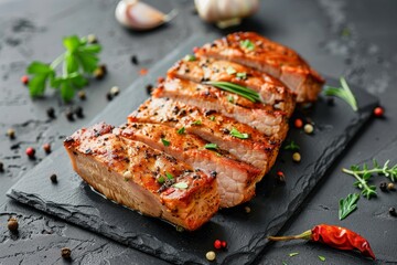 Savory bone in pork steak sliced with spices and herbs on a dark concrete surface