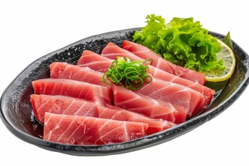 Seared tuna in sashimi style with citrus ponzu sauce on black plate