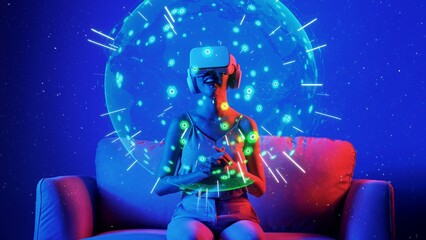 Sitting on sofa of woman in VR circle shape signal point station network international world map on neon lighting. Futuristic technology global connectivity design 3D digital graphic. Hallucination.