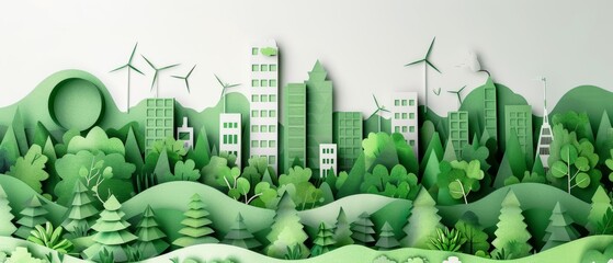 Eco-friendly cityscape with wind turbines in paper art style