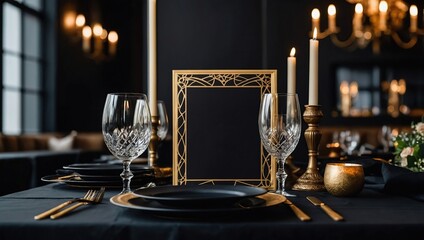 Fine dining table setting of luxury fancy restaurant empty menu invitation card mockup for weddings and romantic eating event decoration as wide banner with empty black copy space