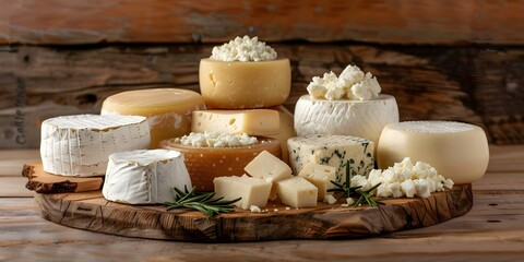 Assorted Cheeses and Cottage Cheese Arranged on Wooden Table in Rustic Farm Setting. Concept Farmhouse Cheese Display, Rustic Cheese Platter, Artisan Cheese Spread, Cottage Cheese Creation