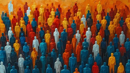 Fototapeta premium Vibrant crowd of diverse people in paper craft origami style representing overpopulation and demographic diversity