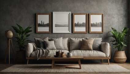 Fototapeta premium Four vertical empty frames on the wall, boho interior mockup