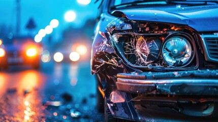 Damaged car headlight after an accident.